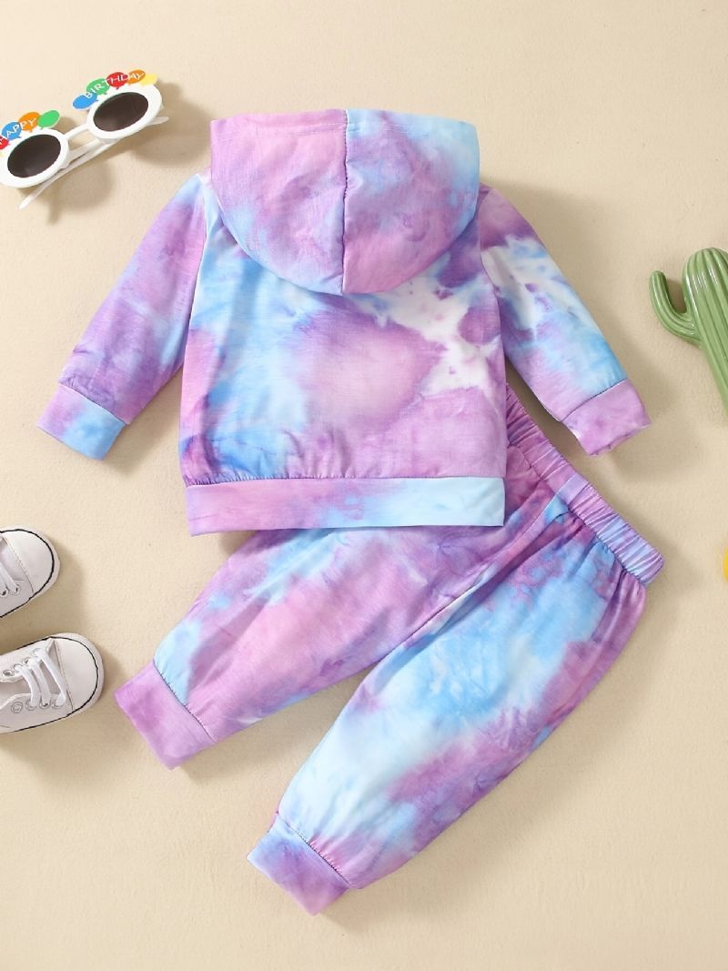 Bebis Flickor Casual Active Tie Dye Set Med Bokstavstryck Huvtröja Och Träningsbyxor För Utomhusbruk