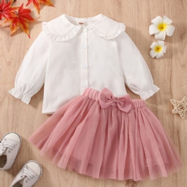 Bebis Flickor Casual Collared Skjorta Rosa Mesh Kjol Set