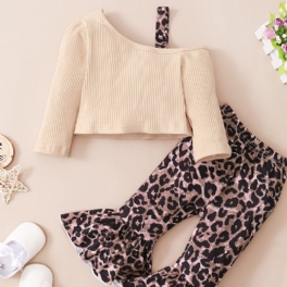 Bebis Flickor Casual Ribbed Halv Suspender Top & Utsvängda Byxor Med Leopard Print Set