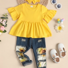 Bebis Flickor Flare Sleeve Top & Sunflower Print Rippade Jeans & Rosett Pannband Barnkläder