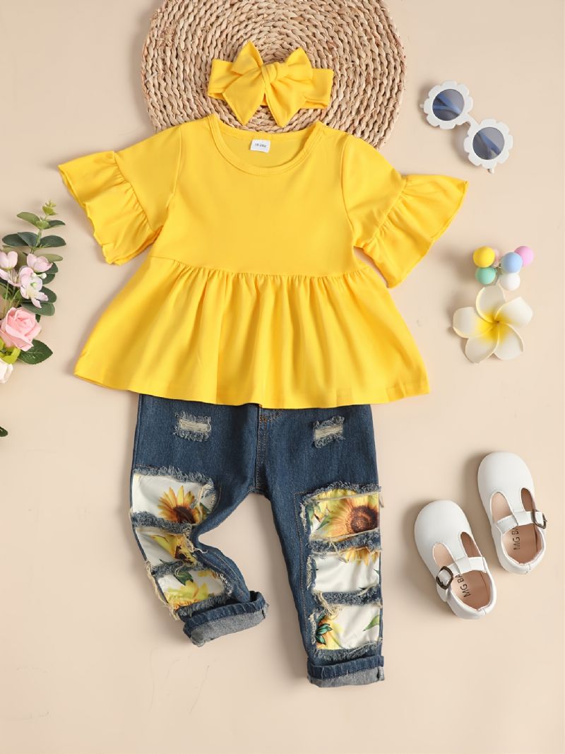 Bebis Flickor Flare Sleeve Top & Sunflower Print Rippade Jeans & Rosett Pannband Barnkläder