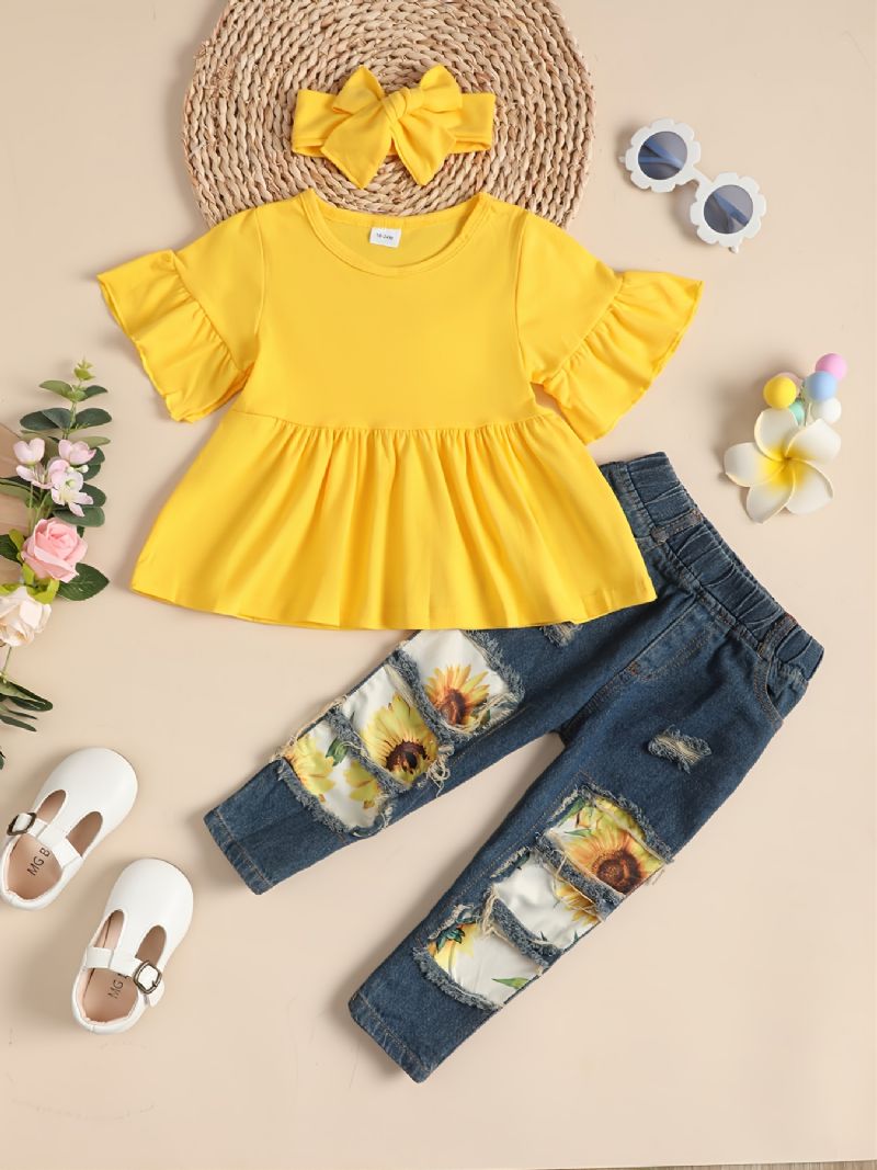 Bebis Flickor Flare Sleeve Top & Sunflower Print Rippade Jeans & Rosett Pannband Barnkläder