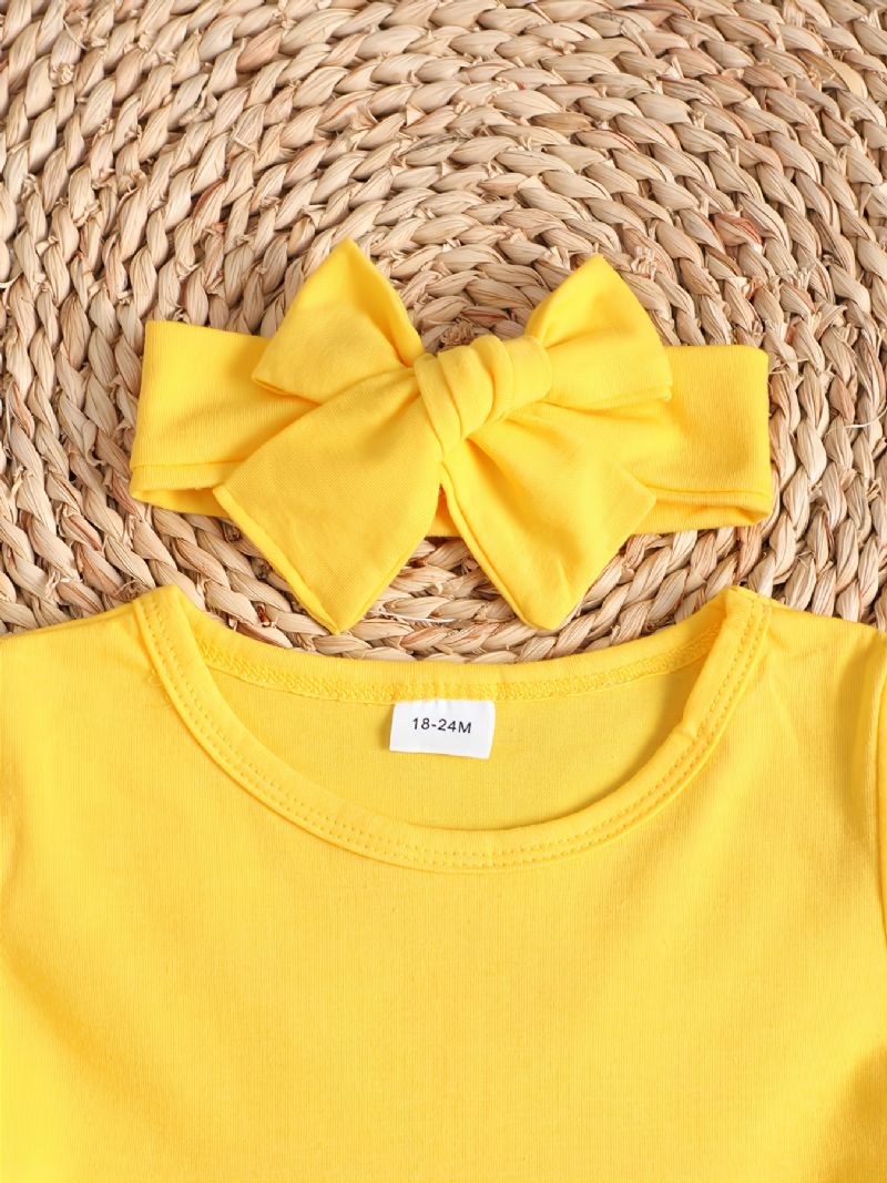 Bebis Flickor Flare Sleeve Top & Sunflower Print Rippade Jeans & Rosett Pannband Barnkläder