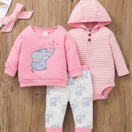 Bebis Flickor Hooded Bodysuit & Elephant Print Byxor & Sweatshirt Set För Höst Och Vinter Nytt