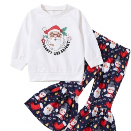 Bebis Flickor Juloutfit Långärmad Crew Neck Santa Claus Print Pullover & Flare Leg Byx Set Barnkläder