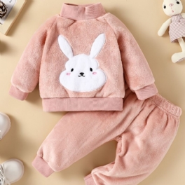 Bebis Flickor Kanin Mönster Fleece Sweatshirt + Matchande Träningsbyxor Set För Vinter Bebiskläder