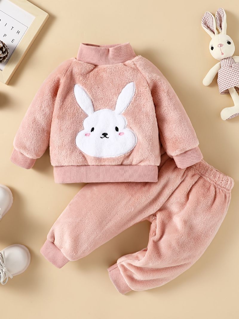 Bebis Flickor Kanin Mönster Fleece Sweatshirt + Matchande Träningsbyxor Set För Vinter Bebiskläder