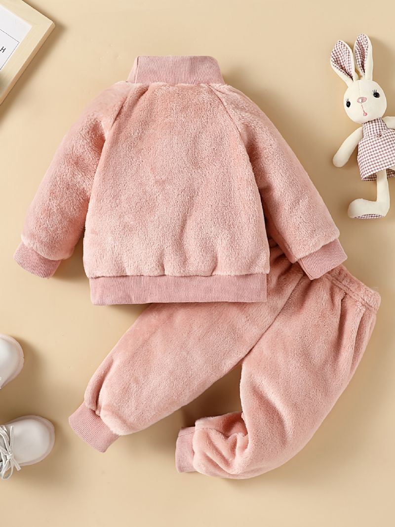 Bebis Flickor Kanin Mönster Fleece Sweatshirt + Matchande Träningsbyxor Set För Vinter Bebiskläder