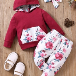 Bebis Flickor Långärmad Blommig Hoodie & Matchande Byxor & Pannband Outfit Set Kläder