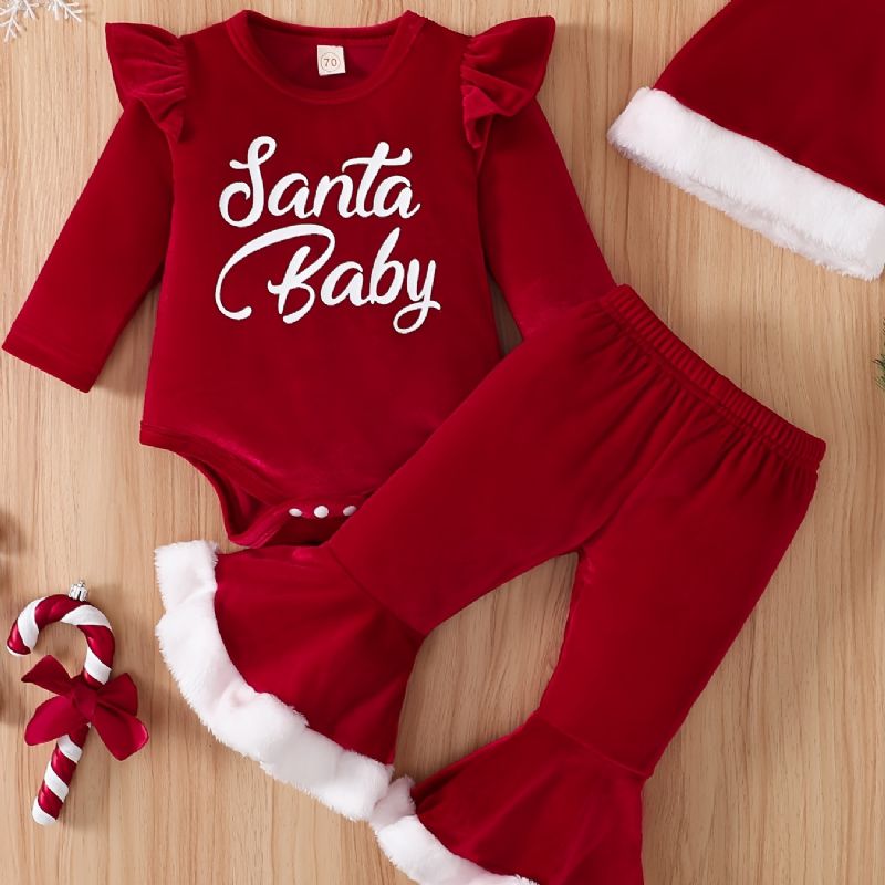 Bebis Flickor Långärmad Bodysuit & Utsvängda Byxor & Hatt Set Newborn Set För Jul Bebiskläder