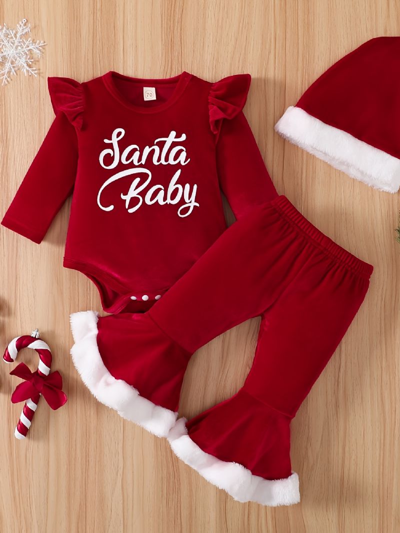 Bebis Flickor Långärmad Bodysuit & Utsvängda Byxor & Hatt Set Newborn Set För Jul Bebiskläder