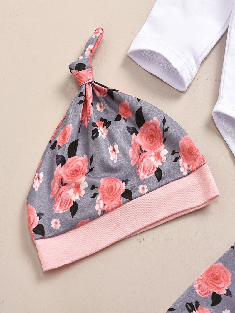 Bebis Flickor Långärmad Byxa + Matchande Blommiga Byxor + Hattset Bodysuit Onesie Bebislayetteset Kläder