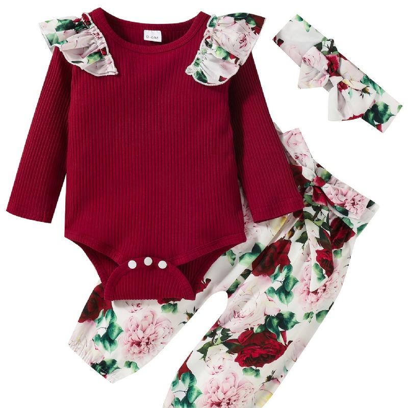 Bebis Flickor Långärmad Outfit Crewneck Ribbade Volanger Bodysuits Romper + Blommönster Byxor Kostym + Pannband Set Spädbarn Kläder