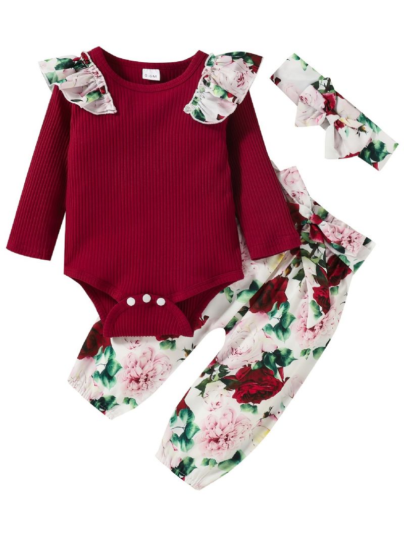 Bebis Flickor Långärmad Outfit Crewneck Ribbade Volanger Bodysuits Romper + Blommönster Byxor Kostym + Pannband Set Spädbarn Kläder