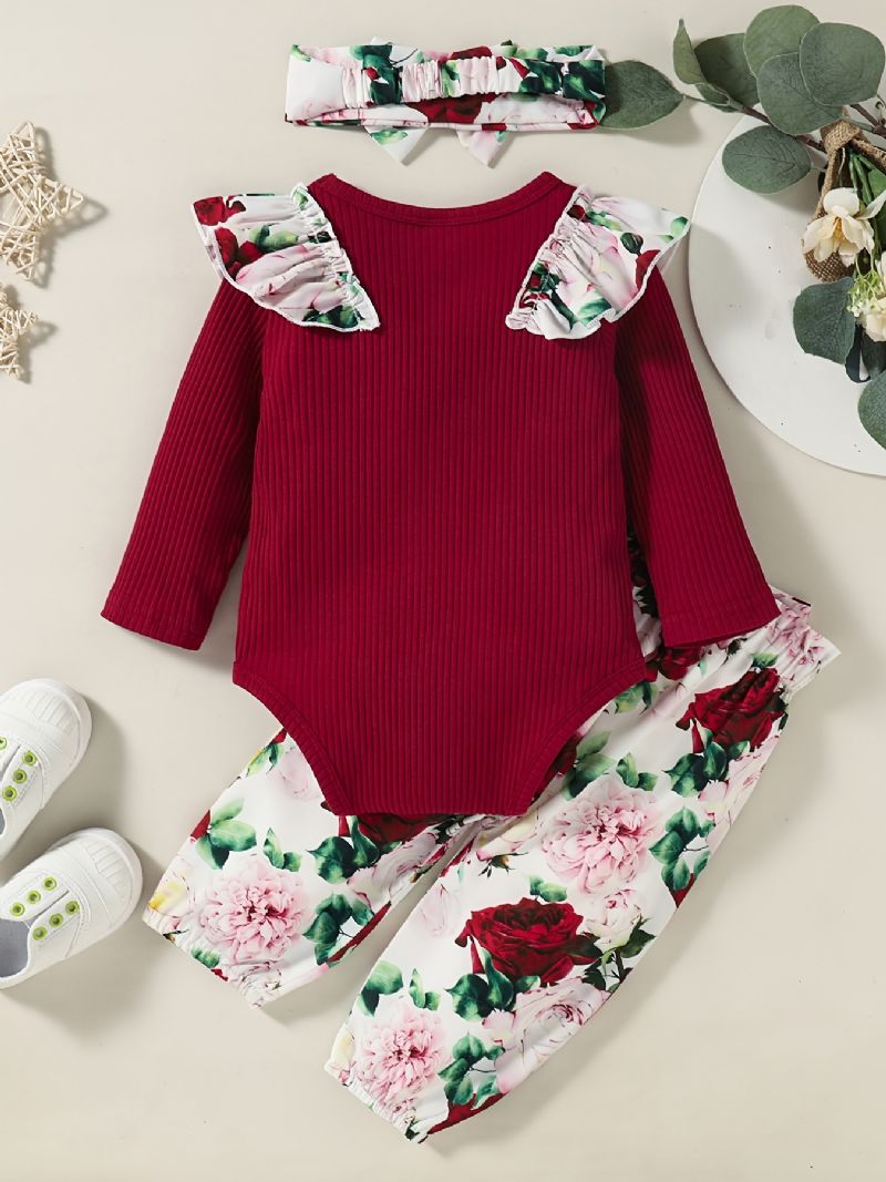 Bebis Flickor Långärmad Outfit Crewneck Ribbade Volanger Bodysuits Romper + Blommönster Byxor Kostym + Pannband Set Spädbarn Kläder