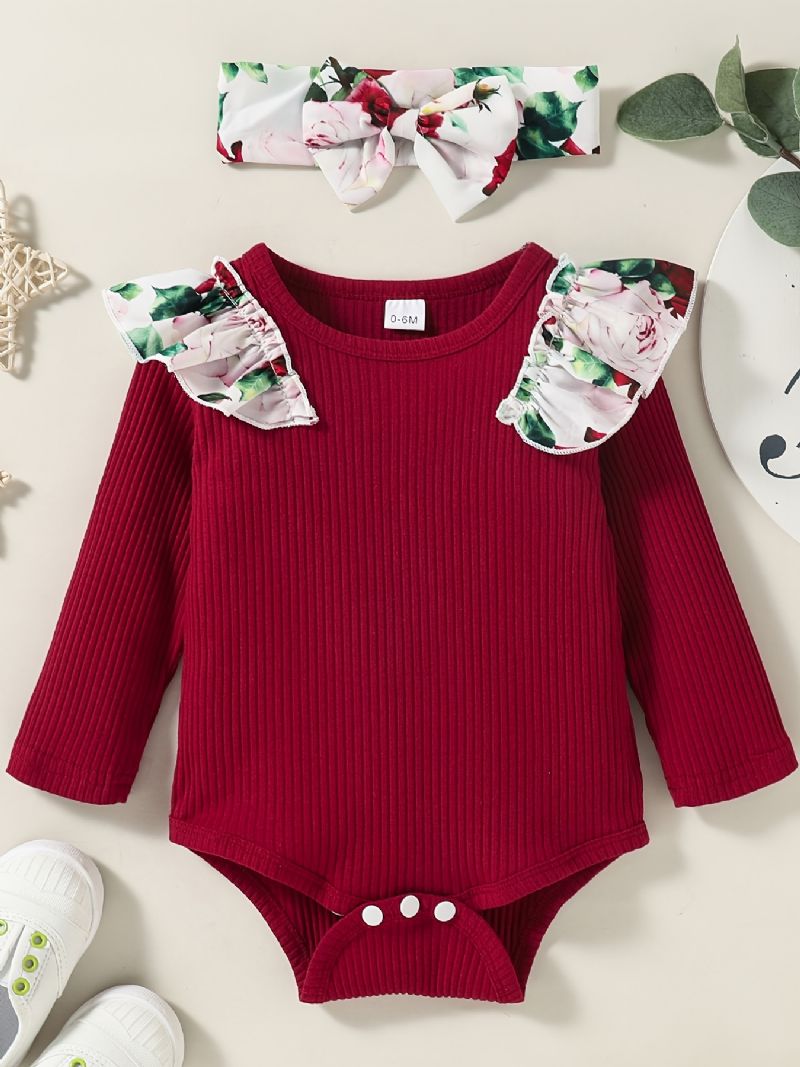 Bebis Flickor Långärmad Outfit Crewneck Ribbade Volanger Bodysuits Romper + Blommönster Byxor Kostym + Pannband Set Spädbarn Kläder