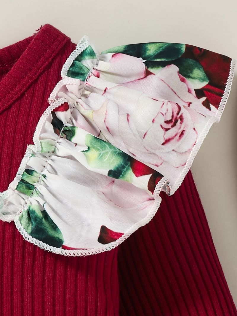 Bebis Flickor Långärmad Outfit Crewneck Ribbade Volanger Bodysuits Romper + Blommönster Byxor Kostym + Pannband Set Spädbarn Kläder