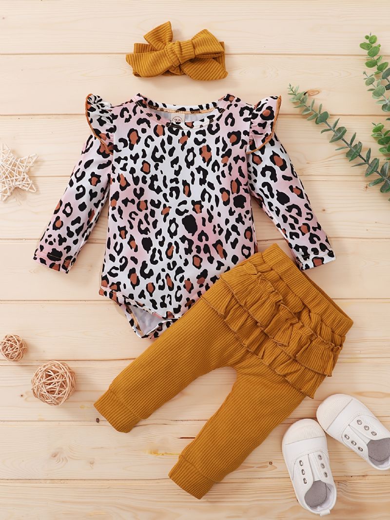 Bebis Flickor Leopard Print Romper & Solid Byxor & Pannband Set Bebiskläder