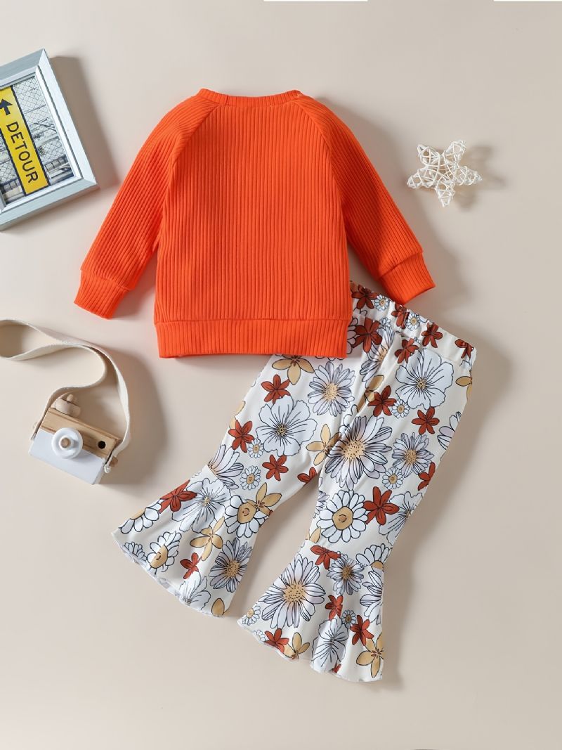 Bebis Flickor Letter Print Långärmad Top & Flower Flare Leg Pants Set