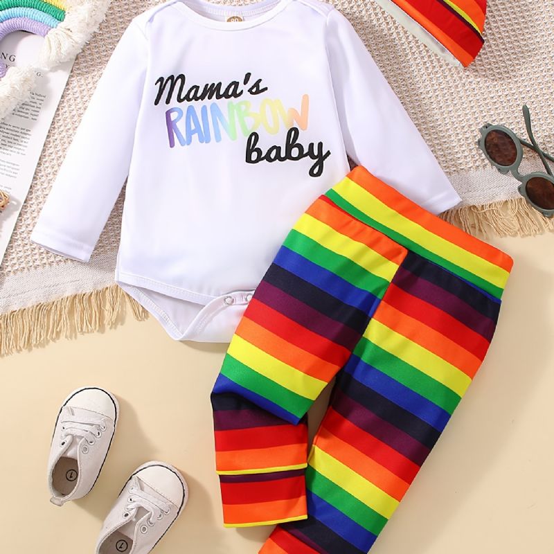 Bebis Flickor Mama's Rainbow Bebisbody & Regnbågsrandiga Byxor & Hattset Newborn Set