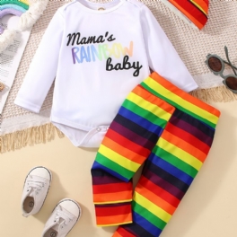 Bebis Flickor Mama's Rainbow Bebisbody & Regnbågsrandiga Byxor & Hattset Newborn Set