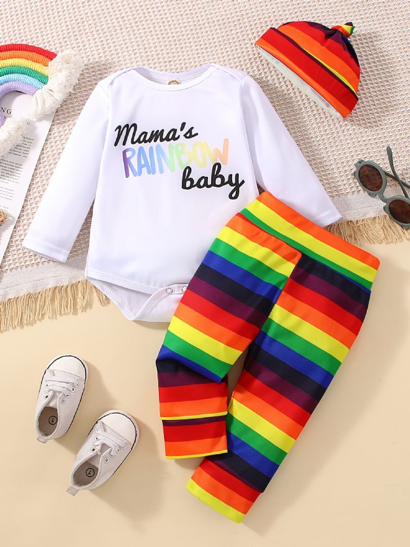 Bebis Flickor Mama's Rainbow Bebisbody & Regnbågsrandiga Byxor & Hattset Newborn Set