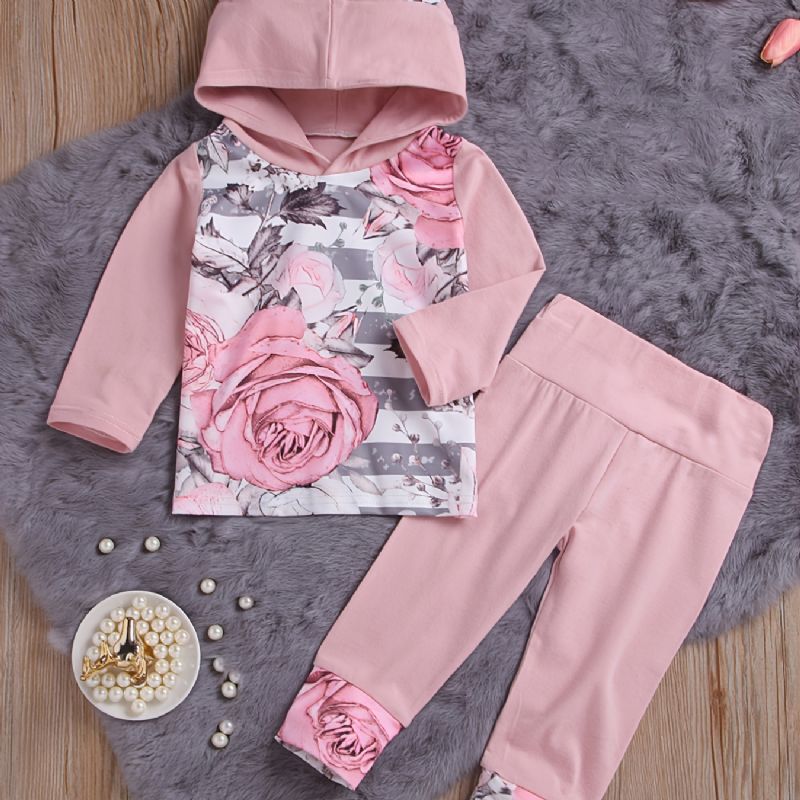 Bebis Flickor Pink Ear Hoodie Blommor Tryck Långärmad Sweatshirt & Byxa Set Småbarnskläder