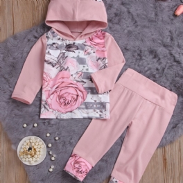 Bebis Flickor Pink Ear Hoodie Blommor Tryck Långärmad Sweatshirt & Byxa Set Småbarnskläder