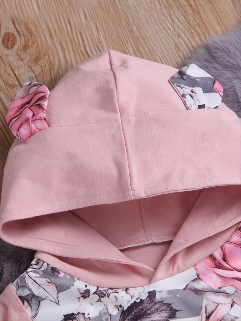 Bebis Flickor Pink Ear Hoodie Blommor Tryck Långärmad Sweatshirt & Byxa Set Småbarnskläder