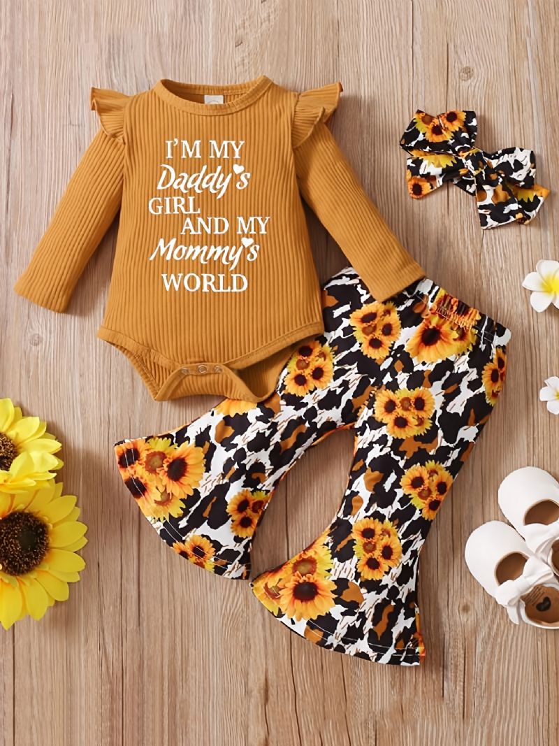 Bebis Flickor Romper Bokstavstryck Långärmade Flygärmar Bodysuits & Sunflower Flare Ben Byxor & Pannband Barnkläder