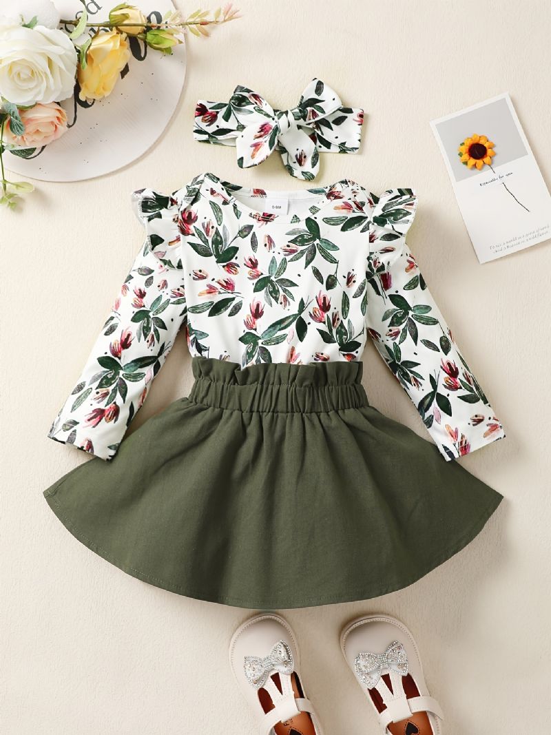 Bebis Flickor Romper Långärmad Plant Print Jumpsuit & Kjol & Pannband Set Barnkläder