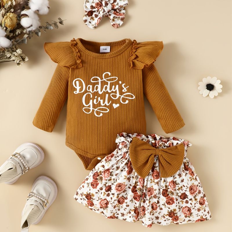 Bebis Flickor Romper Långärmad Volangbody & Ditsy Blommig Kjol & Pannband