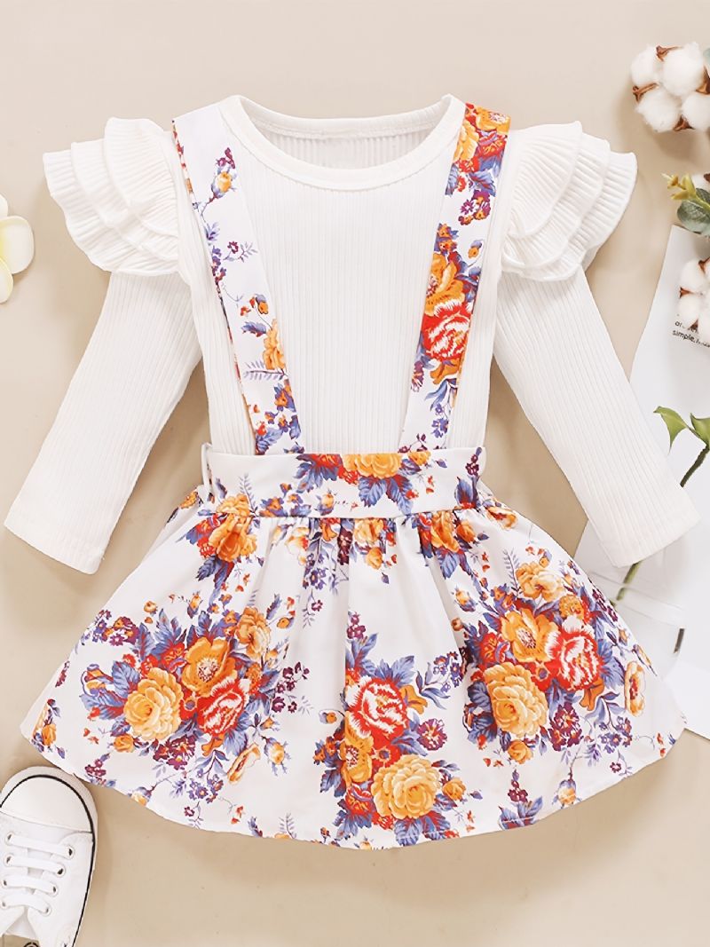 Bebis Flickor Ruffle Långärmade Toppar + Blommig Suspendel Kjol Set Bebiskläder