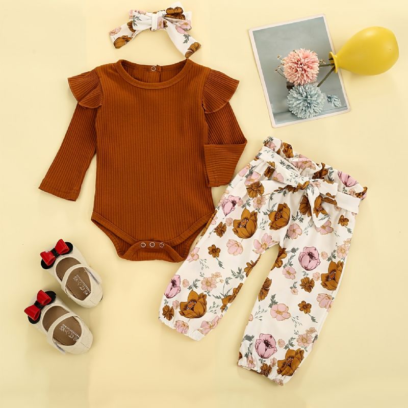 Bebis Flickor Söt Romper Set Med Stickad Volang Onesie & Blommiga Byxor & Rosett Pannband