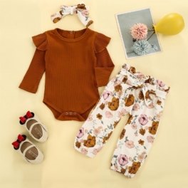 Bebis Flickor Söt Romper Set Med Stickad Volang Onesie & Blommiga Byxor & Rosett Pannband