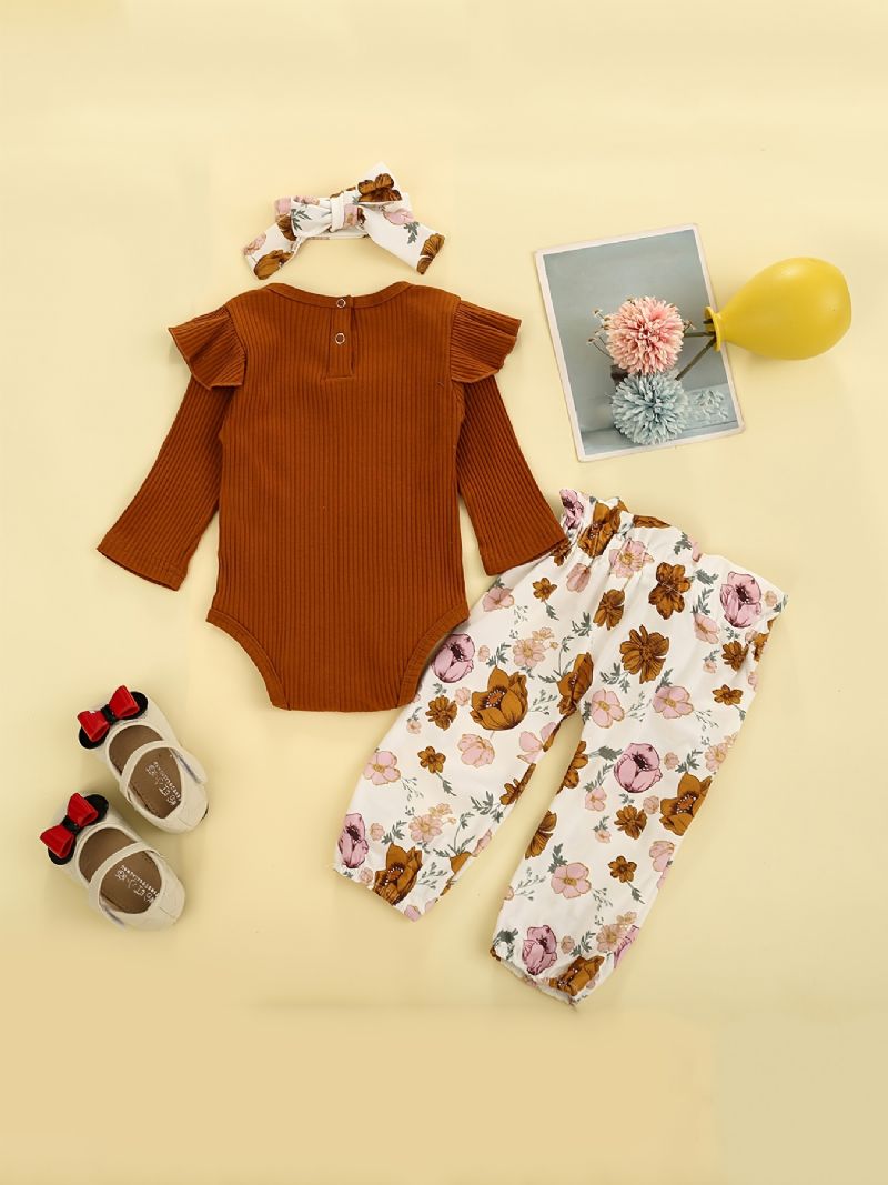 Bebis Flickor Söt Romper Set Med Stickad Volang Onesie & Blommiga Byxor & Rosett Pannband