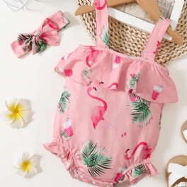 Bebis Flickor Suspender Romper & Pannband Set Med Flamingo Print Bebiskläder