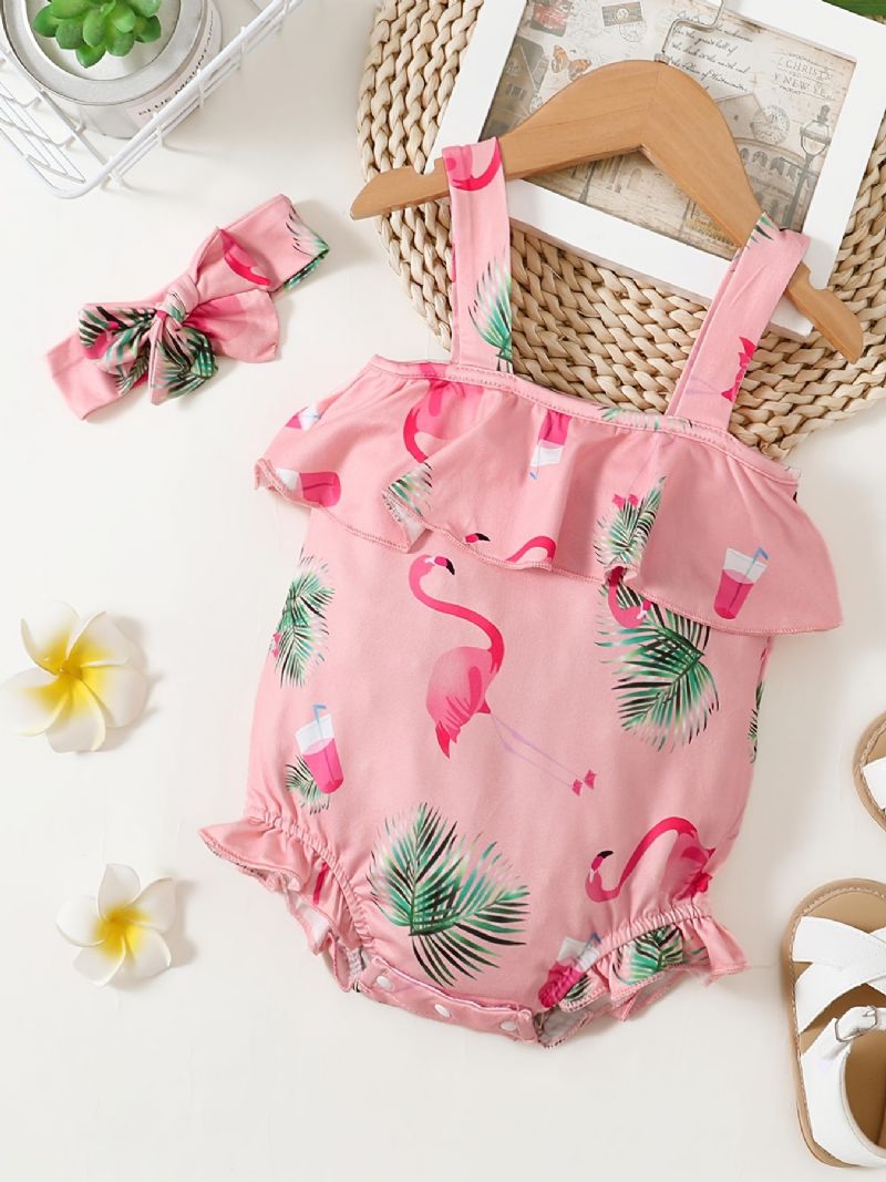 Bebis Flickor Suspender Romper & Pannband Set Med Flamingo Print Bebiskläder