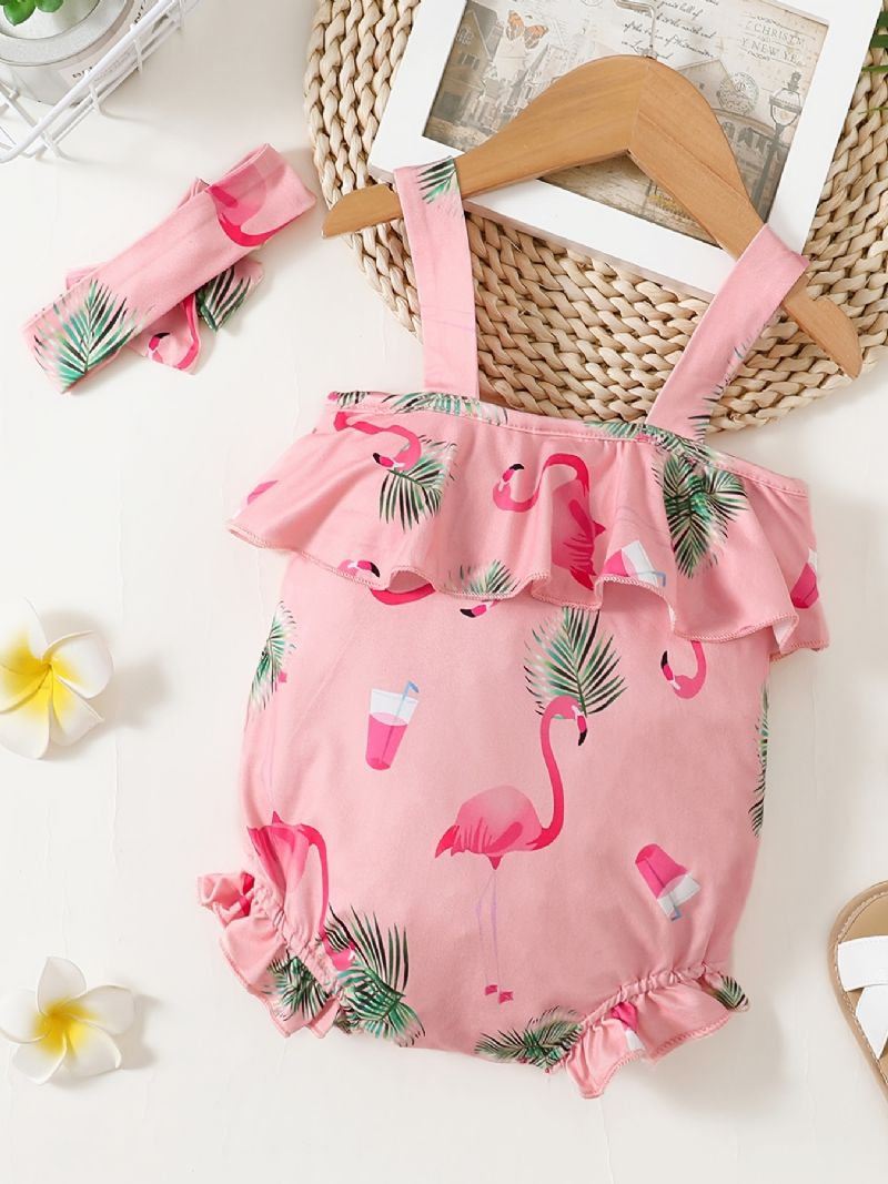 Bebis Flickor Suspender Romper & Pannband Set Med Flamingo Print Bebiskläder