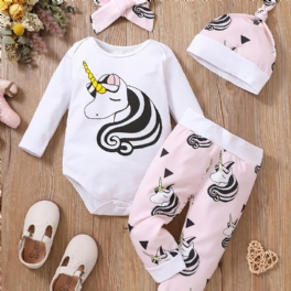 Bebis Flickor Tecknad Unicorn Solid Rund Neck Långärmad Body Casual Byxor & Hatt & Pannband Set