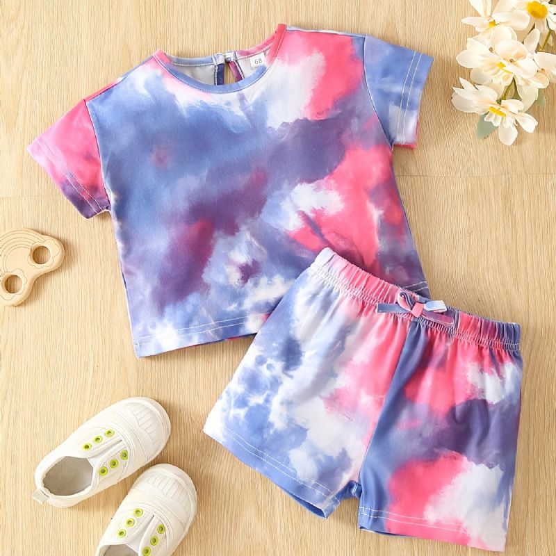 Bebis Flickor Tie Dye Print T-shirt & Rosett Stretchiga Midja Shorts Set