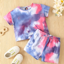 Bebis Flickor Tie Dye Print T-shirt & Rosett Stretchiga Midja Shorts Set