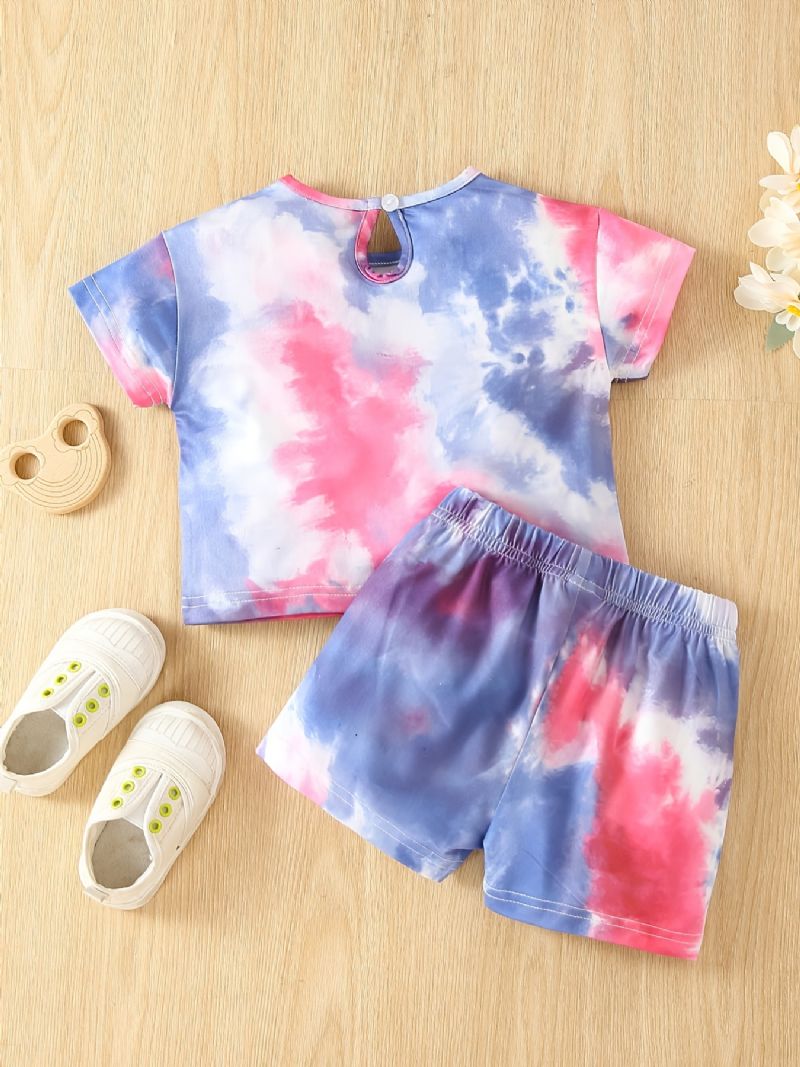 Bebis Flickor Tie Dye Print T-shirt & Rosett Stretchiga Midja Shorts Set