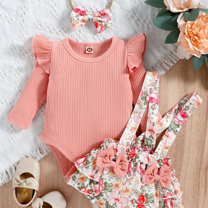 Bebis Flickor Volang Långärmad Byxa + Matchande Blommigt Tryck Hängselbottnar + Pannband Set Outfits