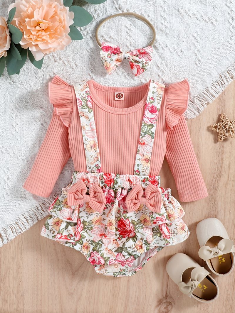 Bebis Flickor Volang Långärmad Byxa + Matchande Blommigt Tryck Hängselbottnar + Pannband Set Outfits