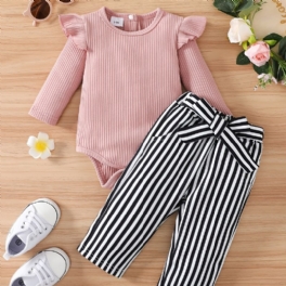 Bebis Flickor Volang Långärmad Romper Bodysuit + Randiga Byxor Set Bebiskläder Outfit Layette Set