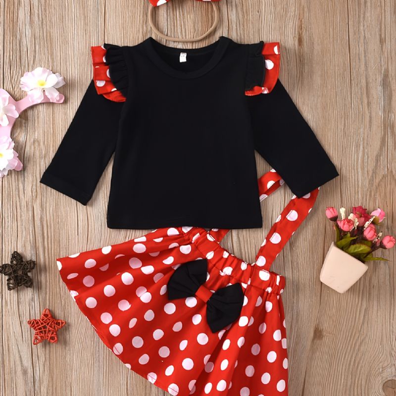 Bebis Flickor Volanger Ärmar Flugsleeve Top & Polka Dots Suspender Kjol & Pannband 3st Set
