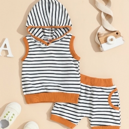 Bebis Pojkar Casual Randig Ärmlös Huvväst & Shorts Set