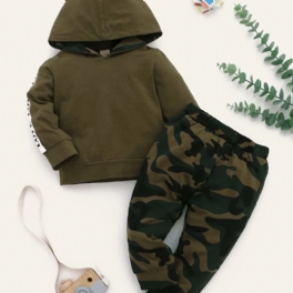 Bebis Pojkar Casual Set Med Love Print Hood Sweatshirt & Kamouflage Byxor
