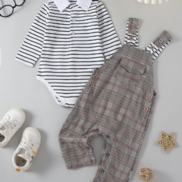 Bebis Pojkar Casual Söt Randig Lapel Romper & Pläd Hängselbyxor Set